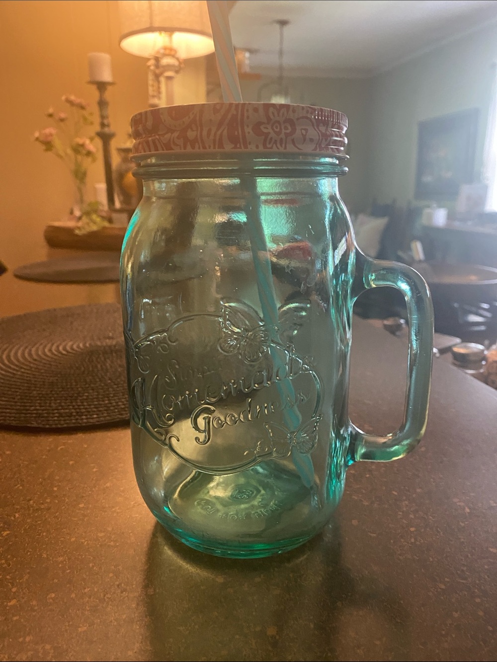 PIONEER WOMAN Glass Mason Large Jar Tumbler with Handle and Lid - Teal